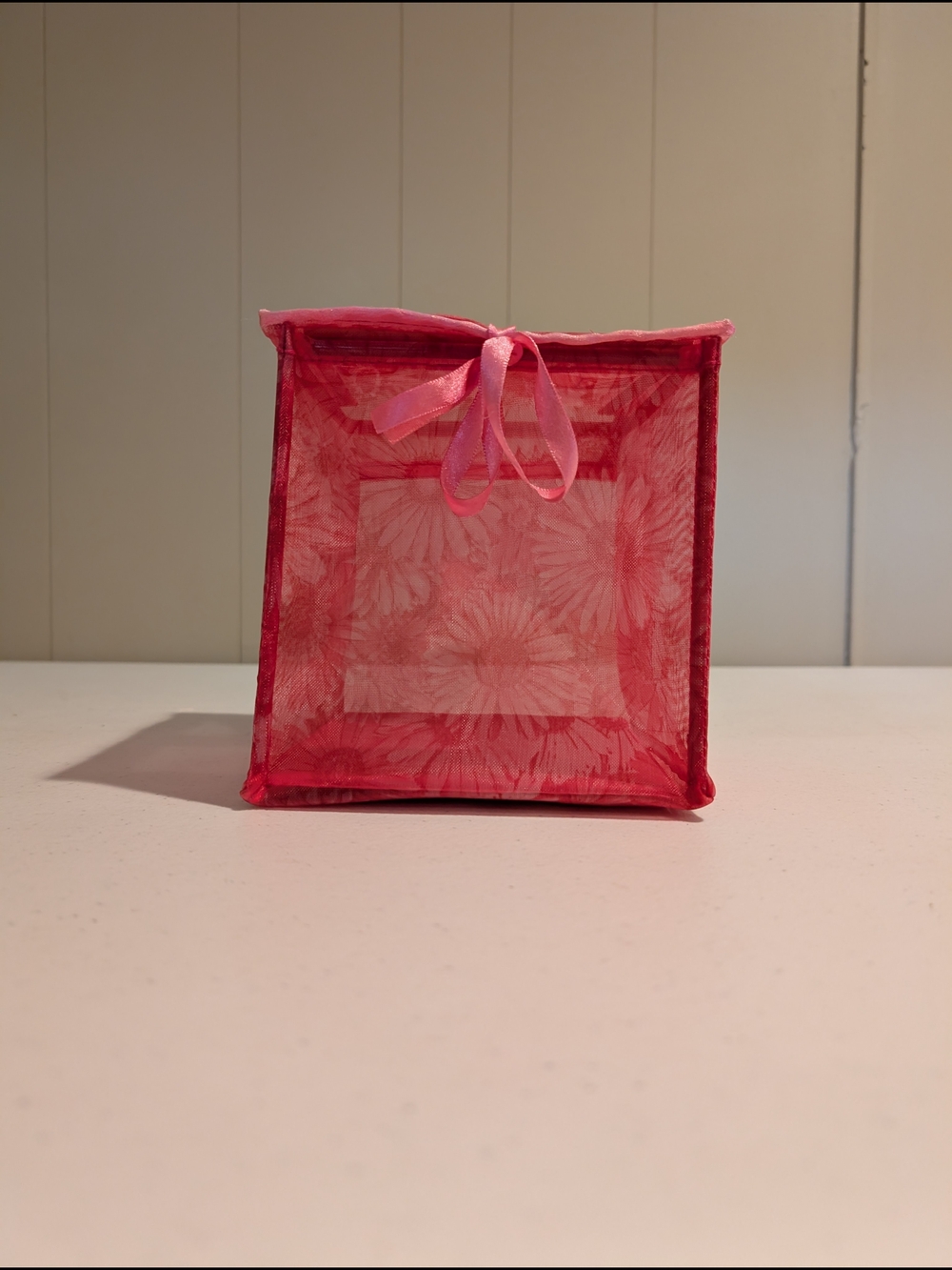 Sheer Pink Organza Gift Bag with Floral Print